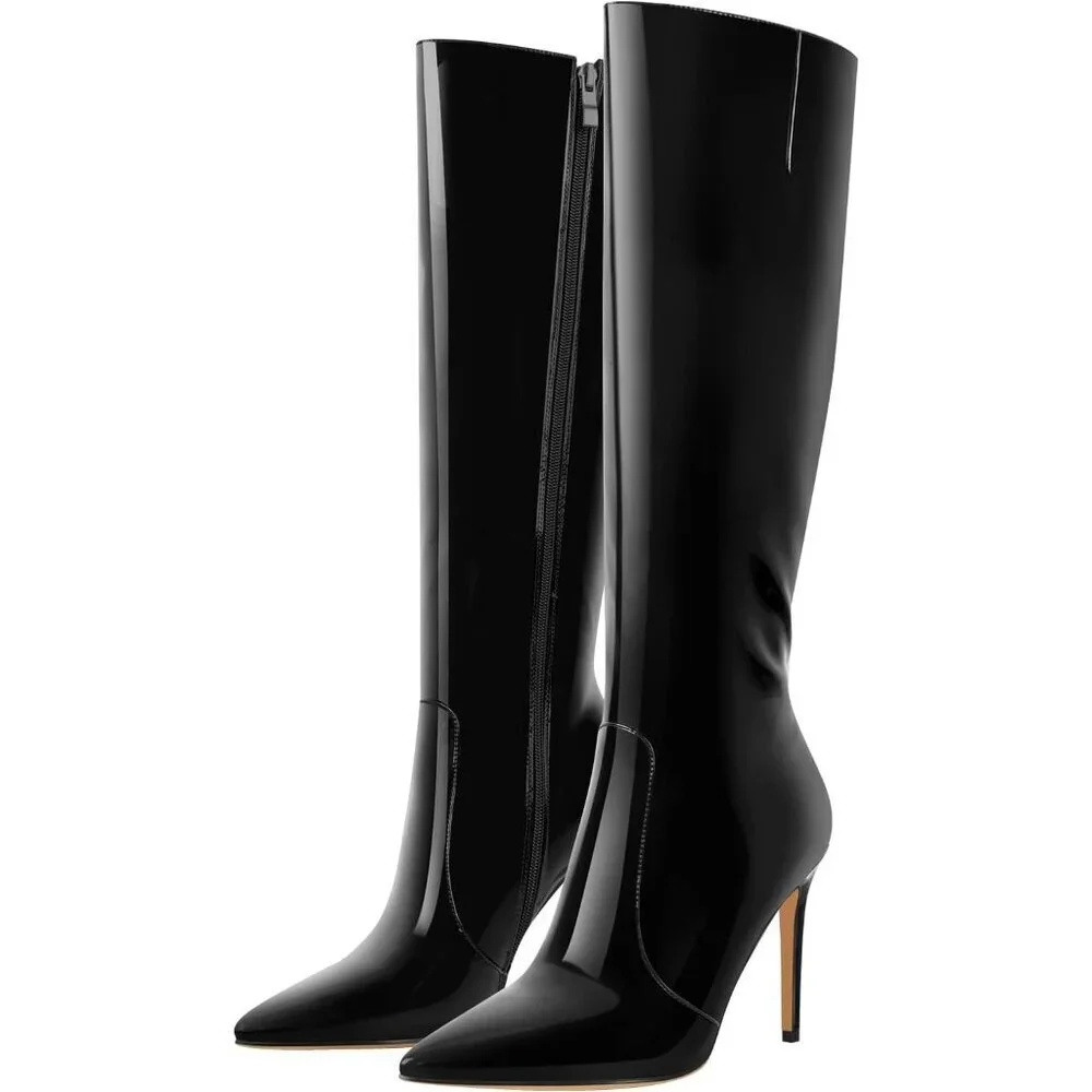 Women's Fux Leather Black Knee High Pointed Toe Stiletto High Heel Stylish Boot